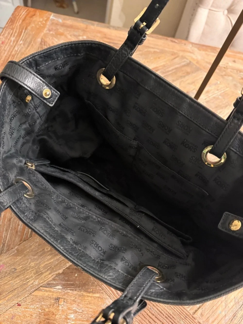 Michael Kors Black Logo-Print Shoulder Bag with Gold Hardware